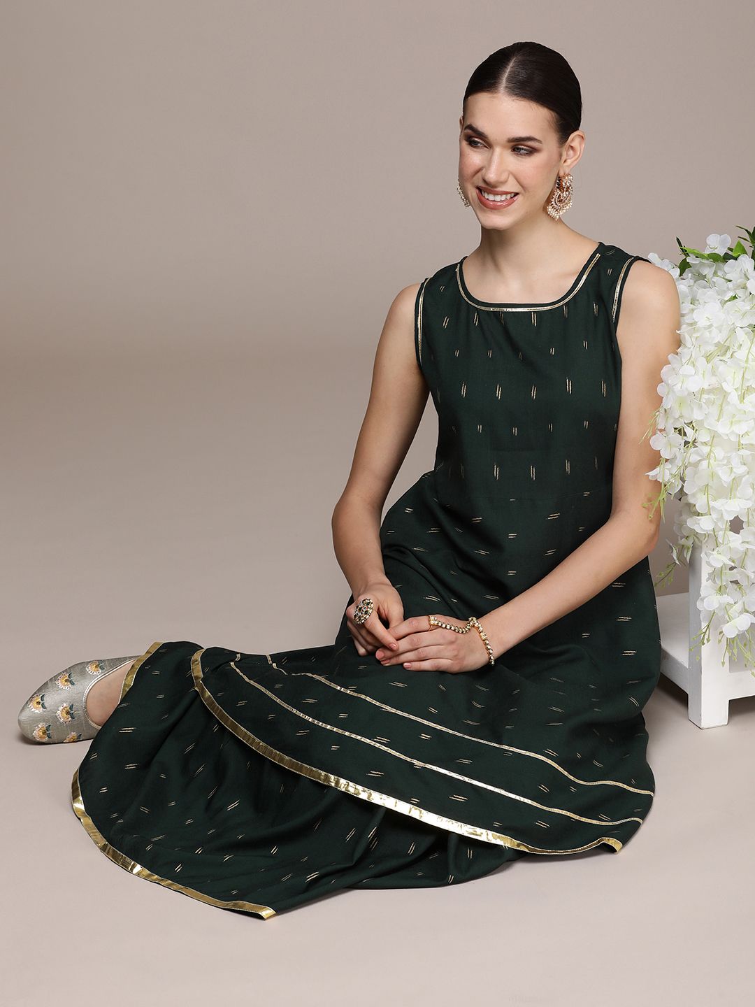 Dhimhi Women's Ethnic Motifs Printed Regular Gotta Patti Pure Cotton Kurta With Sharara