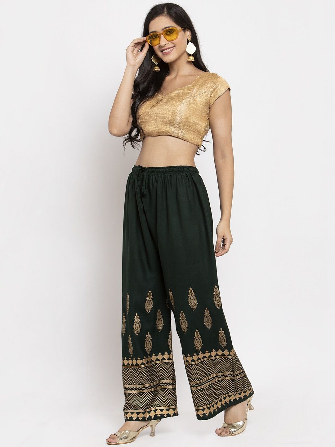 Dhimhi Women's Green & Gold-Coloured Floral Printed Straight Palazzos