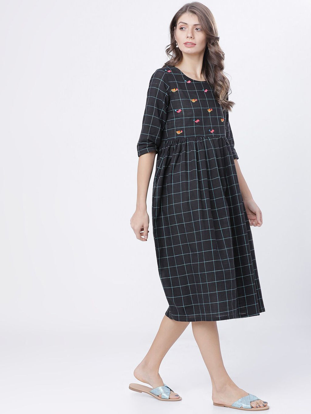 Dhimhi Women's Black Checked Fit and Flare Dress