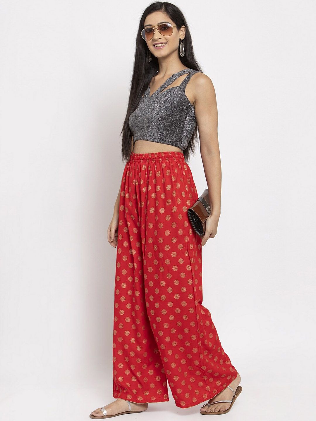 Dhimhi Women's Red Printed Wide Leg Palazzos