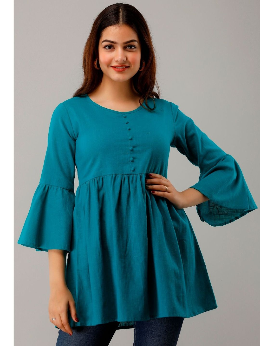 Dhimhi Women's Rayon Solid Bell Sleeve Top