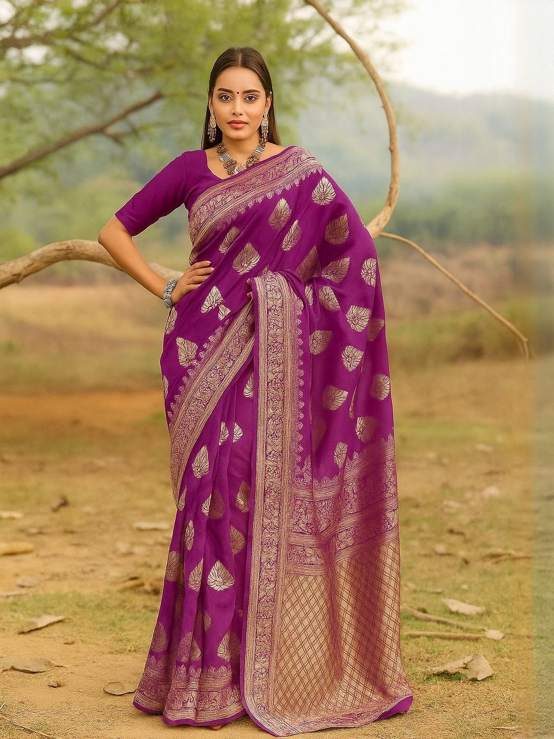 Dhimhi Women's Purple Silk Cotton Woven Design Sarees