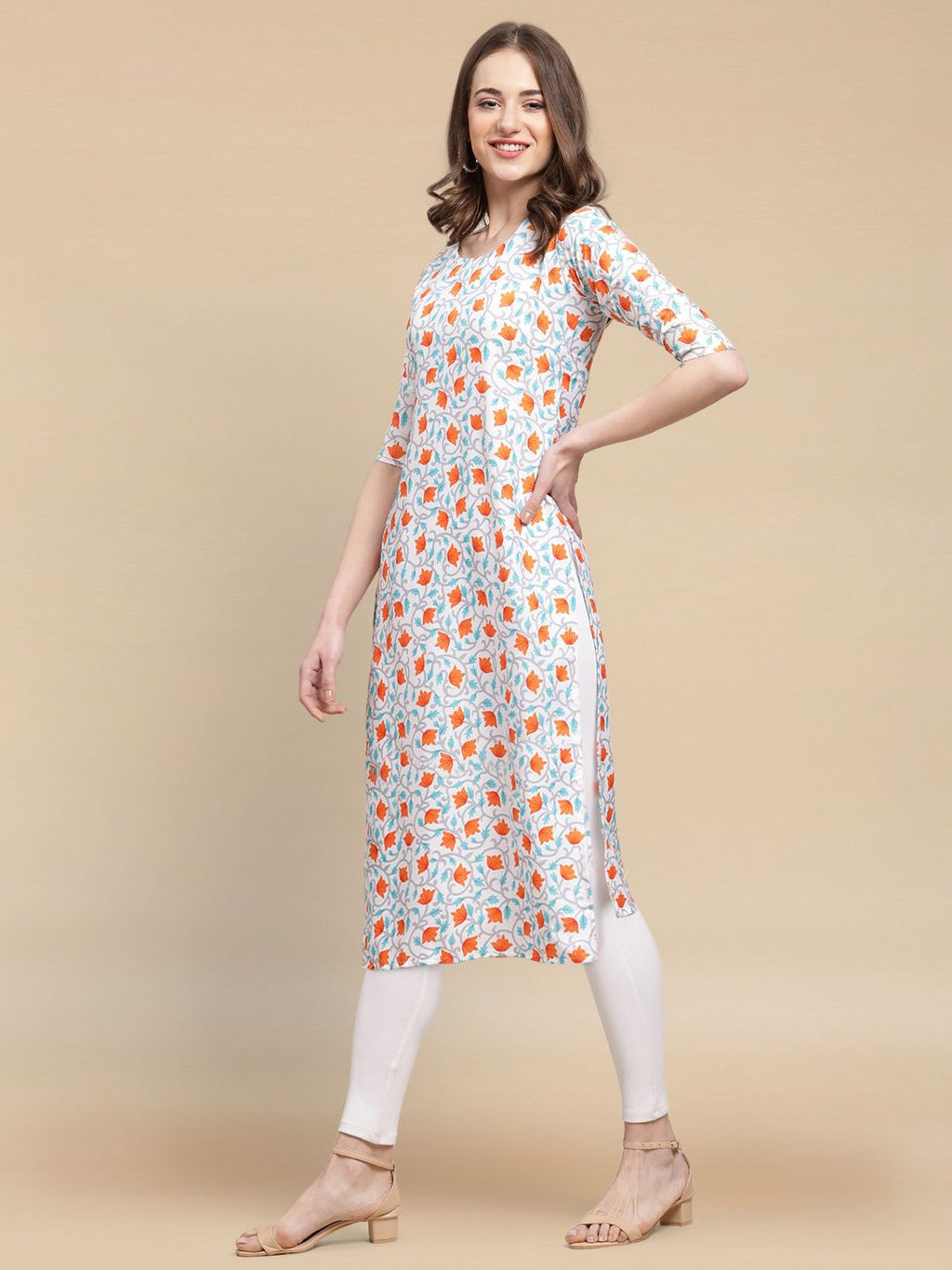 Floral Printed Round Neck Straight Kurta