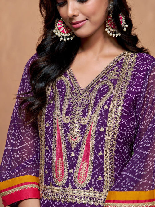 Dhimhi Women Bandhani Embroidered A Line Kurti With Sharara and Dupatta