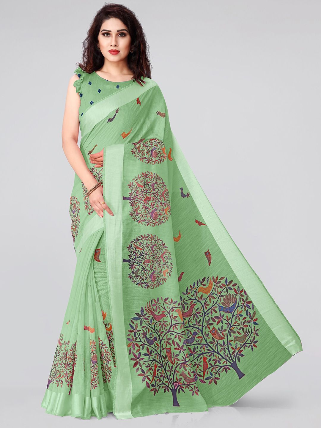Dhimhi Women's Sea Green & Red Ethnic Motifs Saree