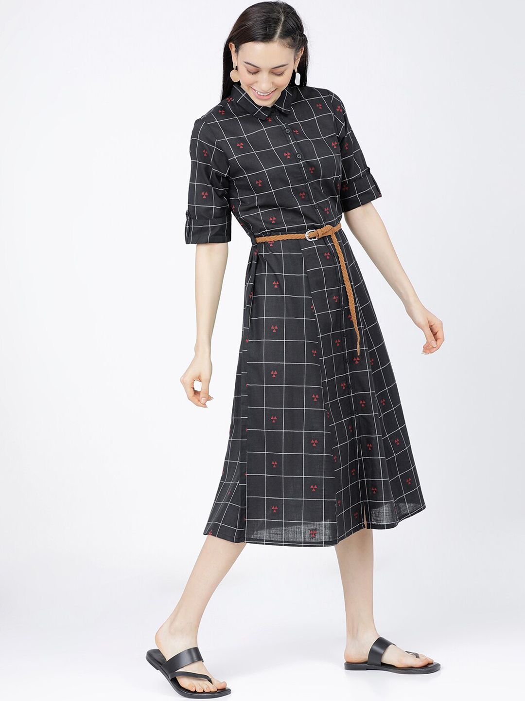 Dhimhi Women's Black & White Checked Shirt Midi Shirt Dress With Belt