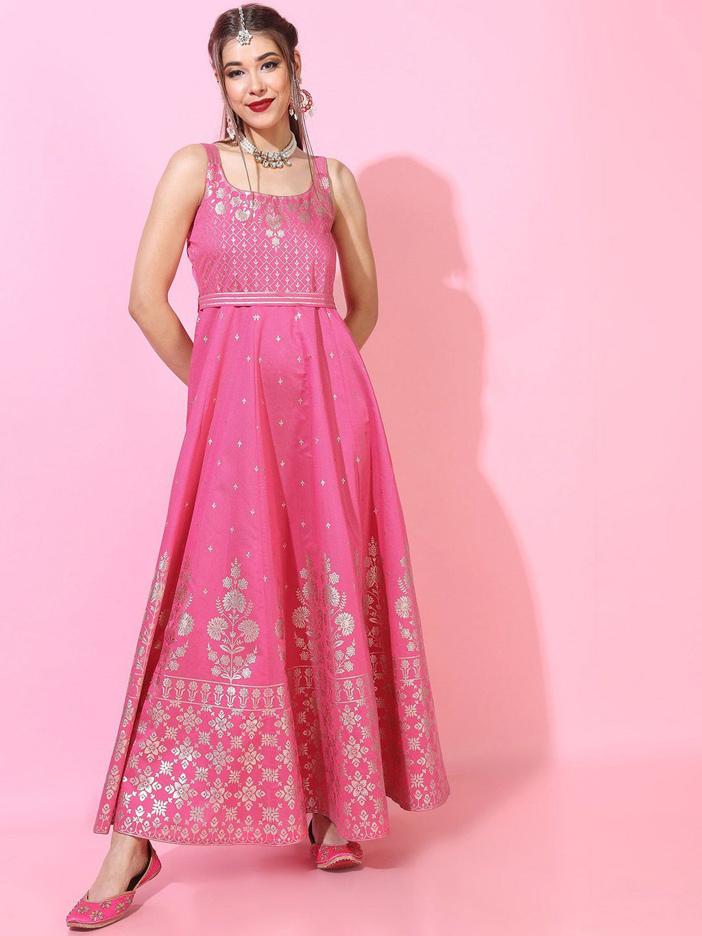 Dhimhi Women's Pink Floral Ethnic Maxi Dress - dhimhi
