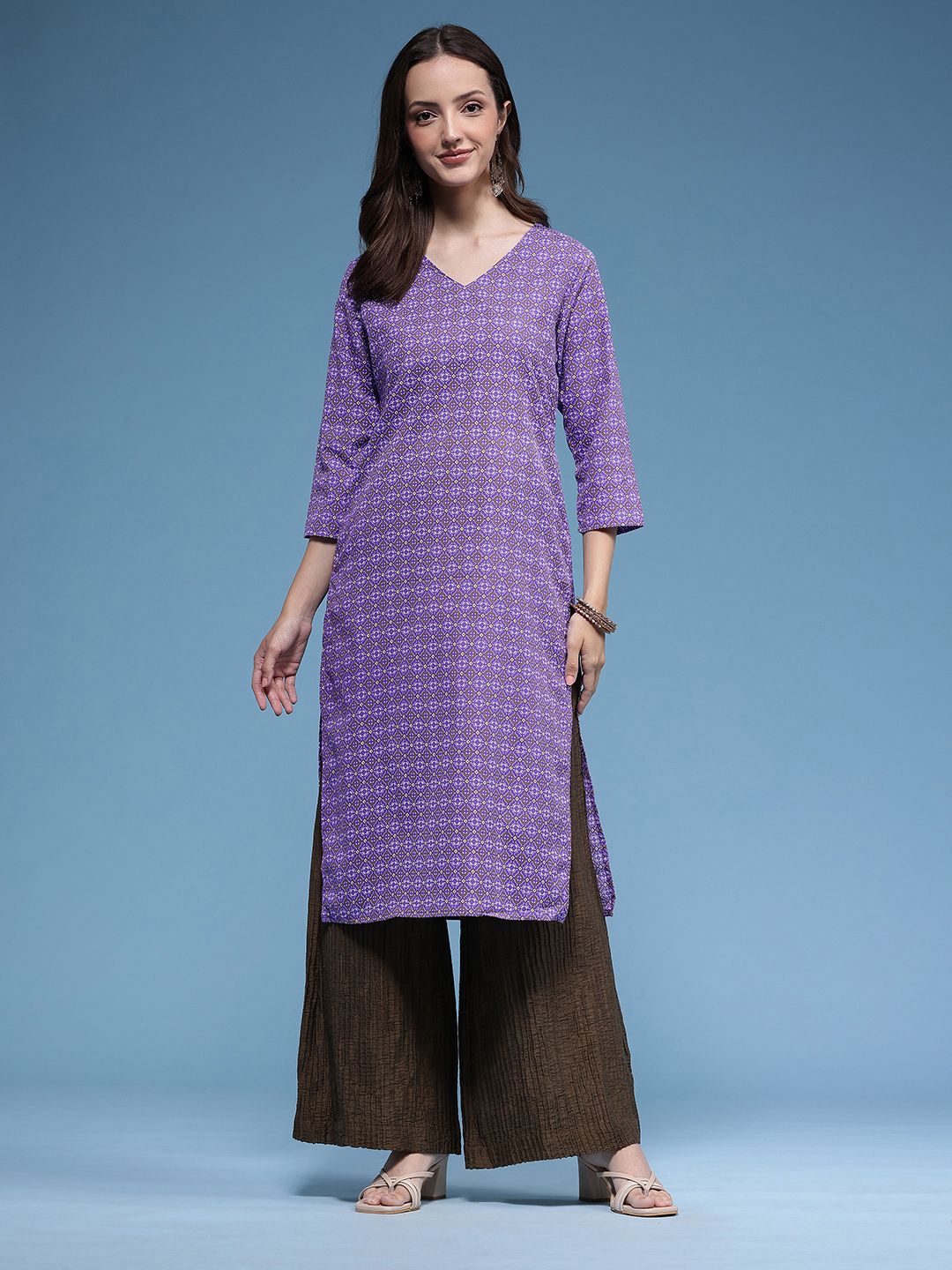 Floral Printed V-Neck Straight Kurta