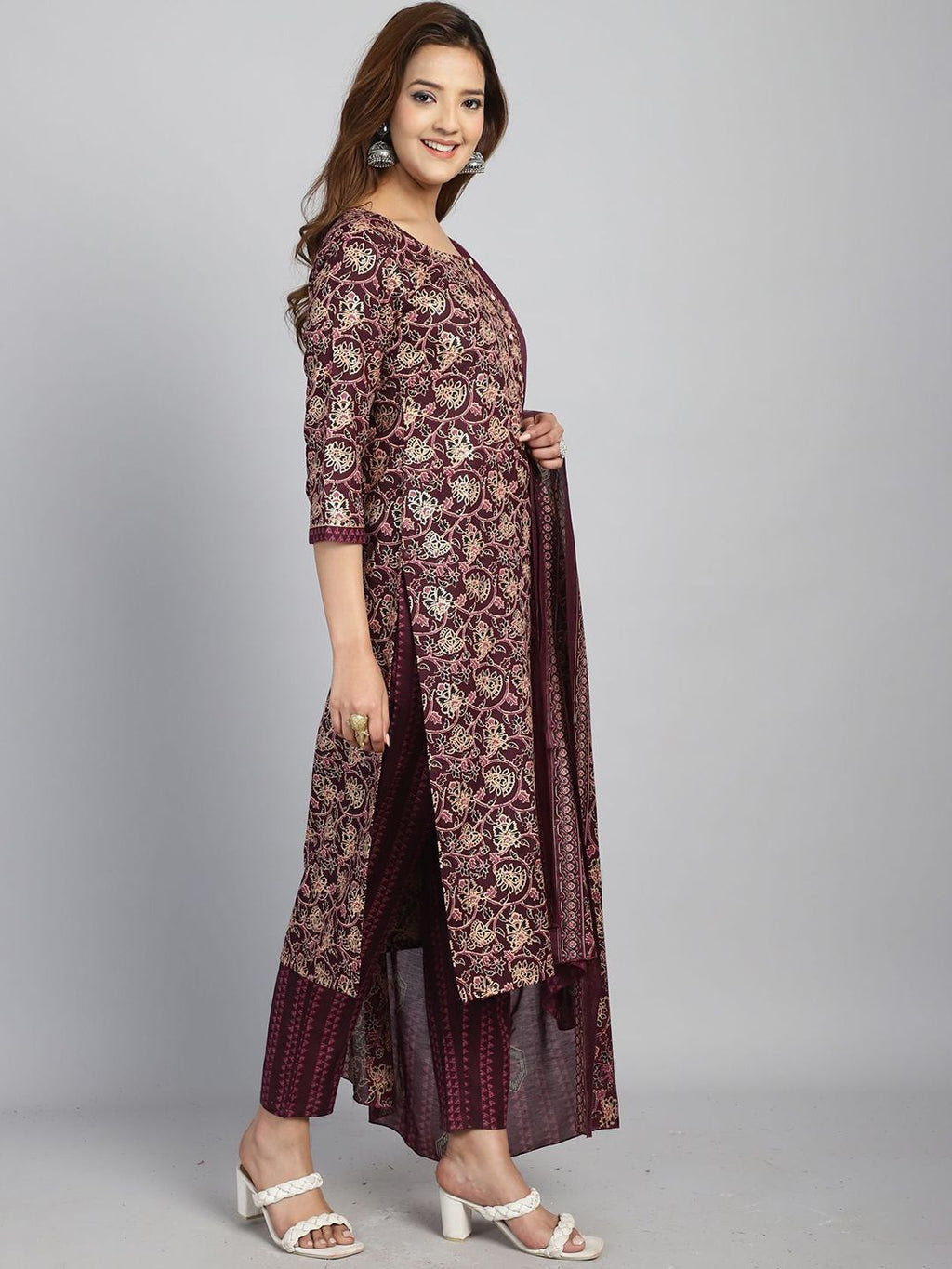 Dhimhi women's floral printed cotton blend kurta set with matching trousers and dupatta, featuring colorful foil print details.