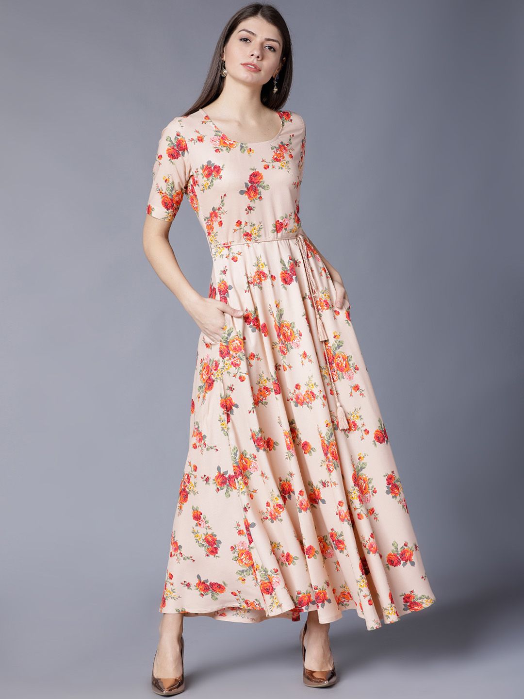 Dhimhi Women's Peach-Coloured Printed Maxi Dress