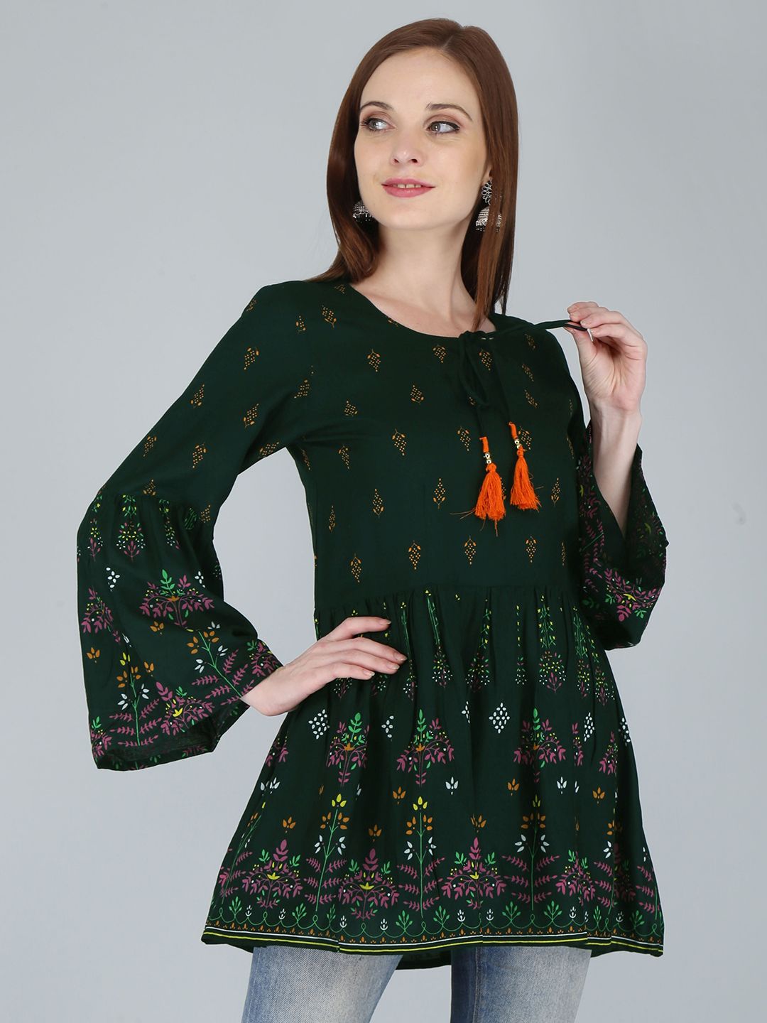 Dhimhi Women's Green Floral Print Off-Shoulder Indigo Top