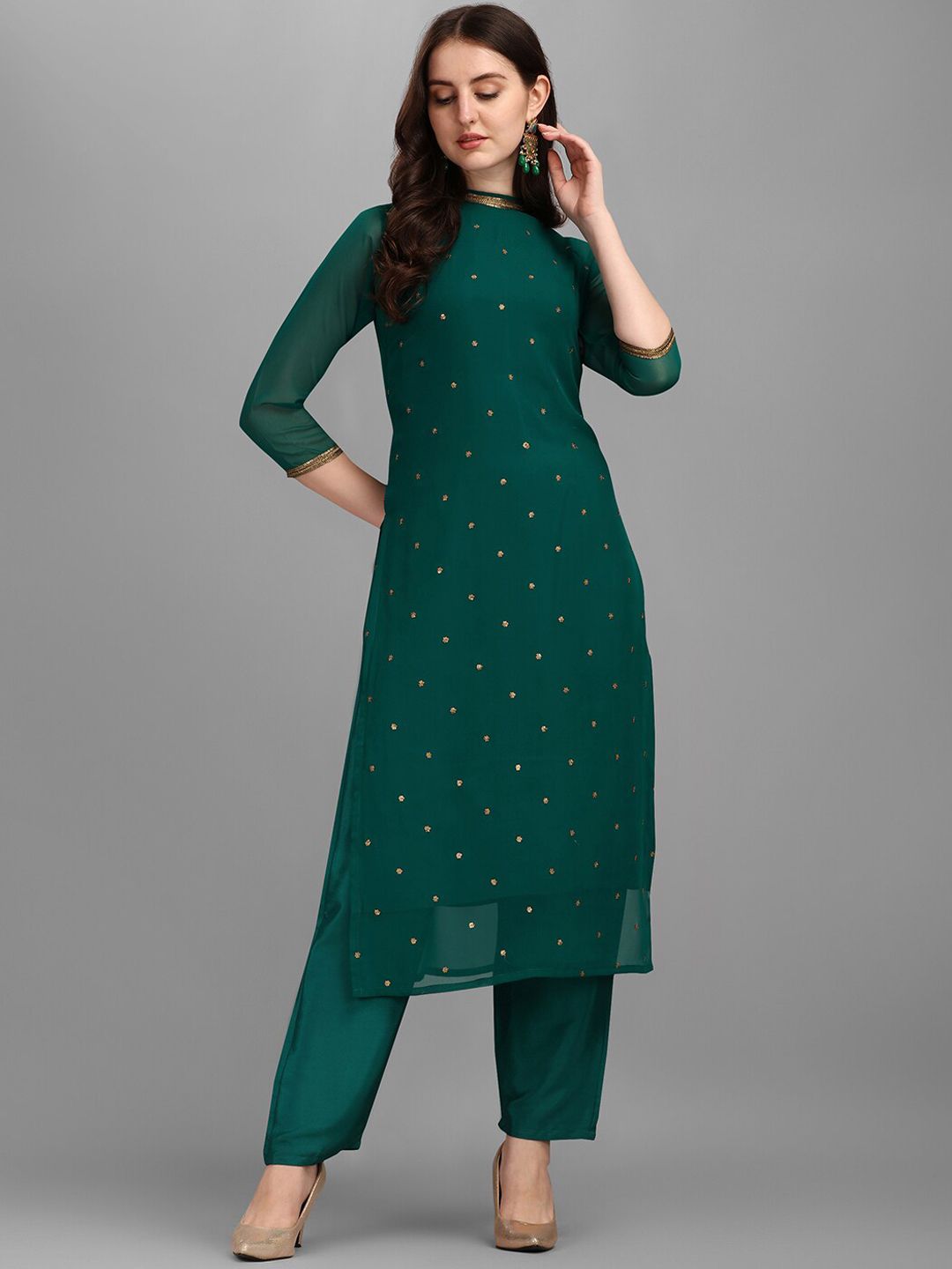 Dhimhi Women's Floral Embroidered Sequinned Kurta With Trouser