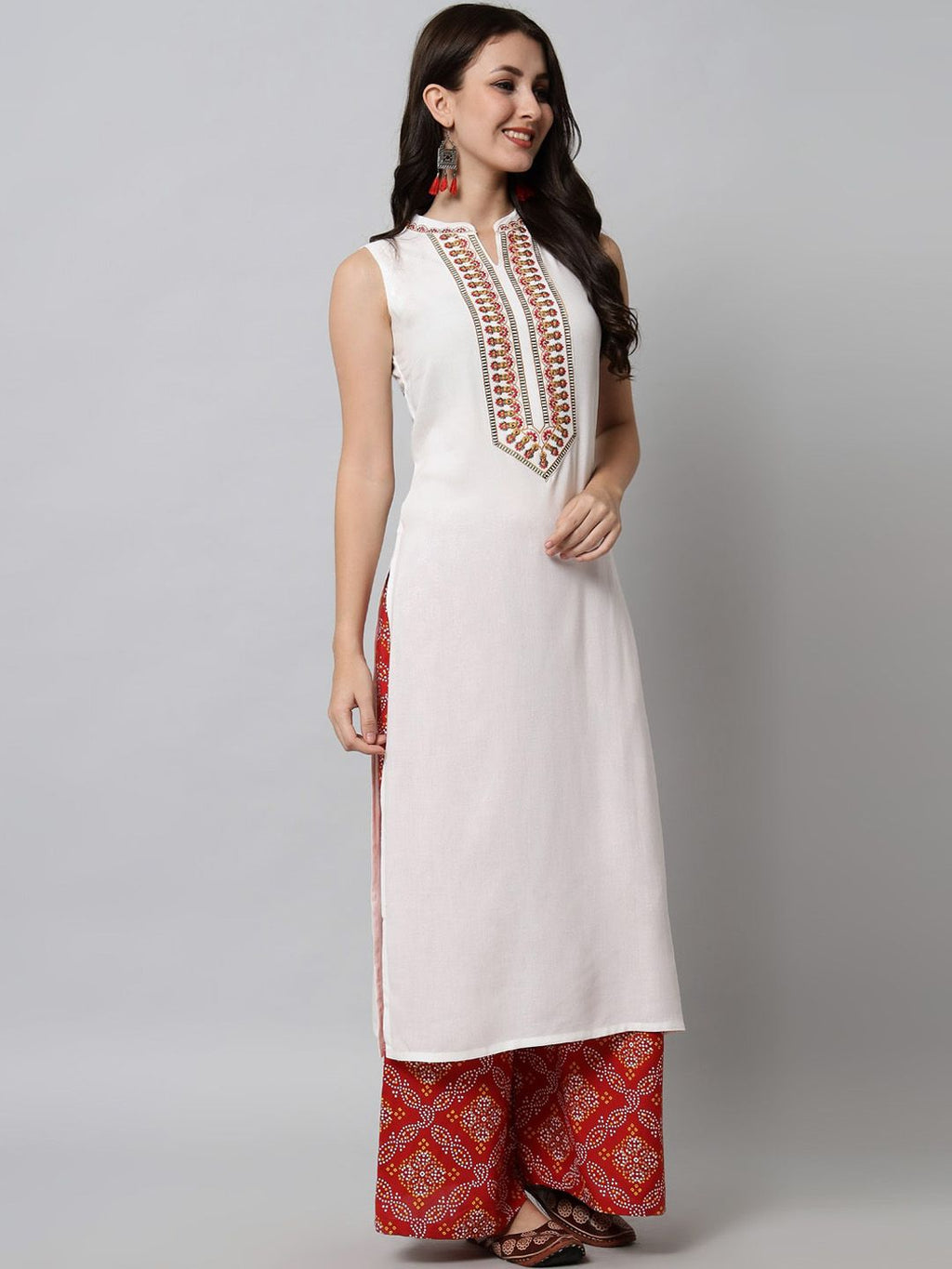 Dhimhi Women's White Bandhani Embroidered Kurta with Palazzos