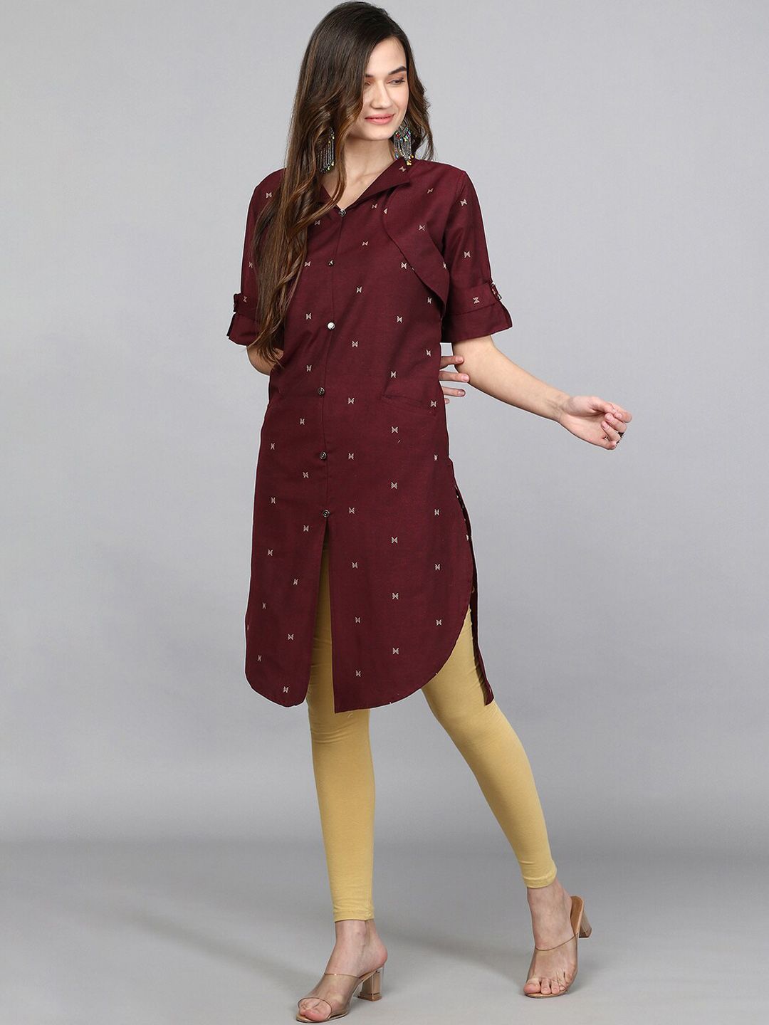 Geometric Printed Shirt Collar Cotton Pathani Kurta