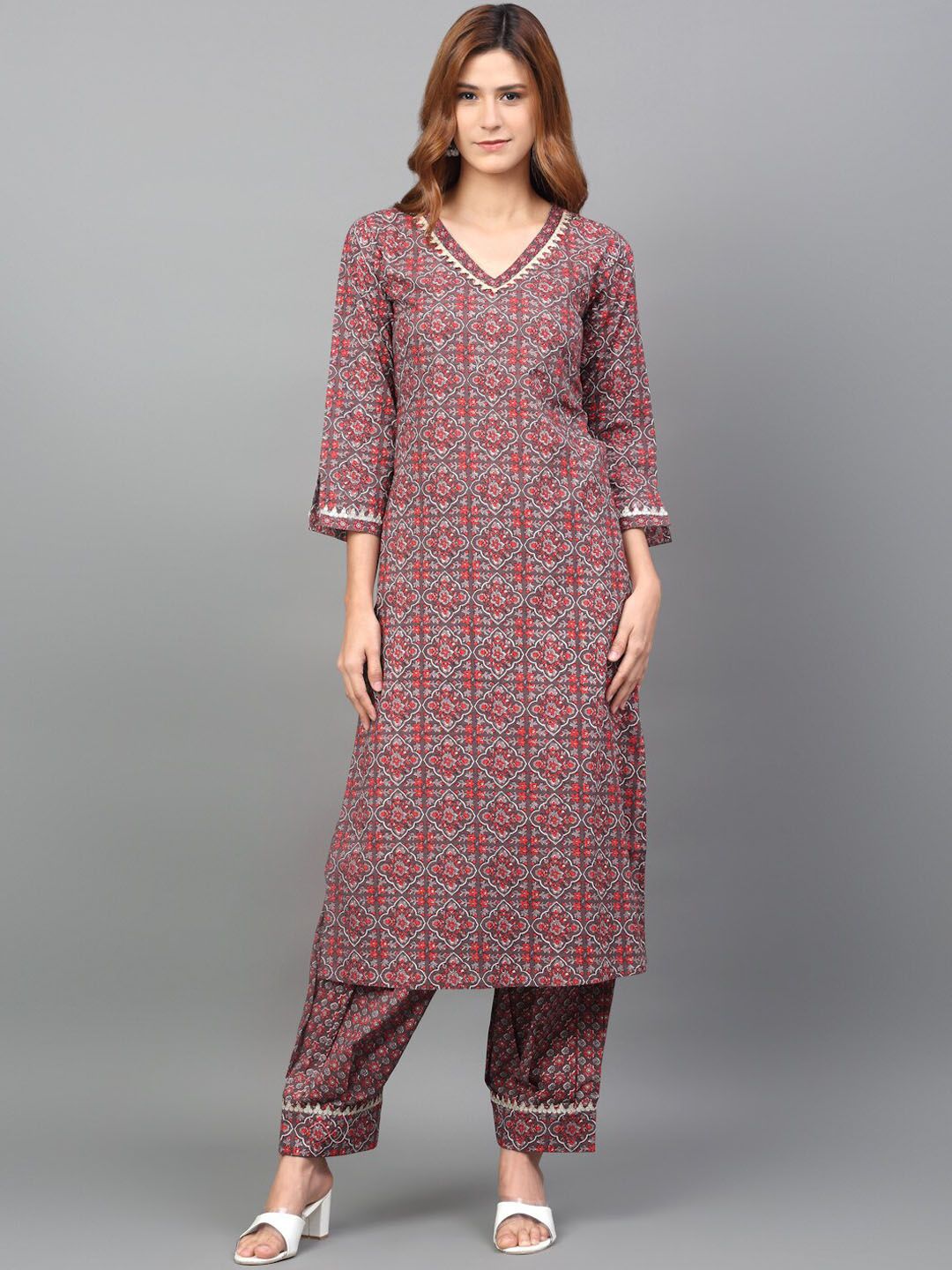Dhimhi Women's Ethnic Motifs Printed Pure Cotton Kurta with Salwar & Dupatta