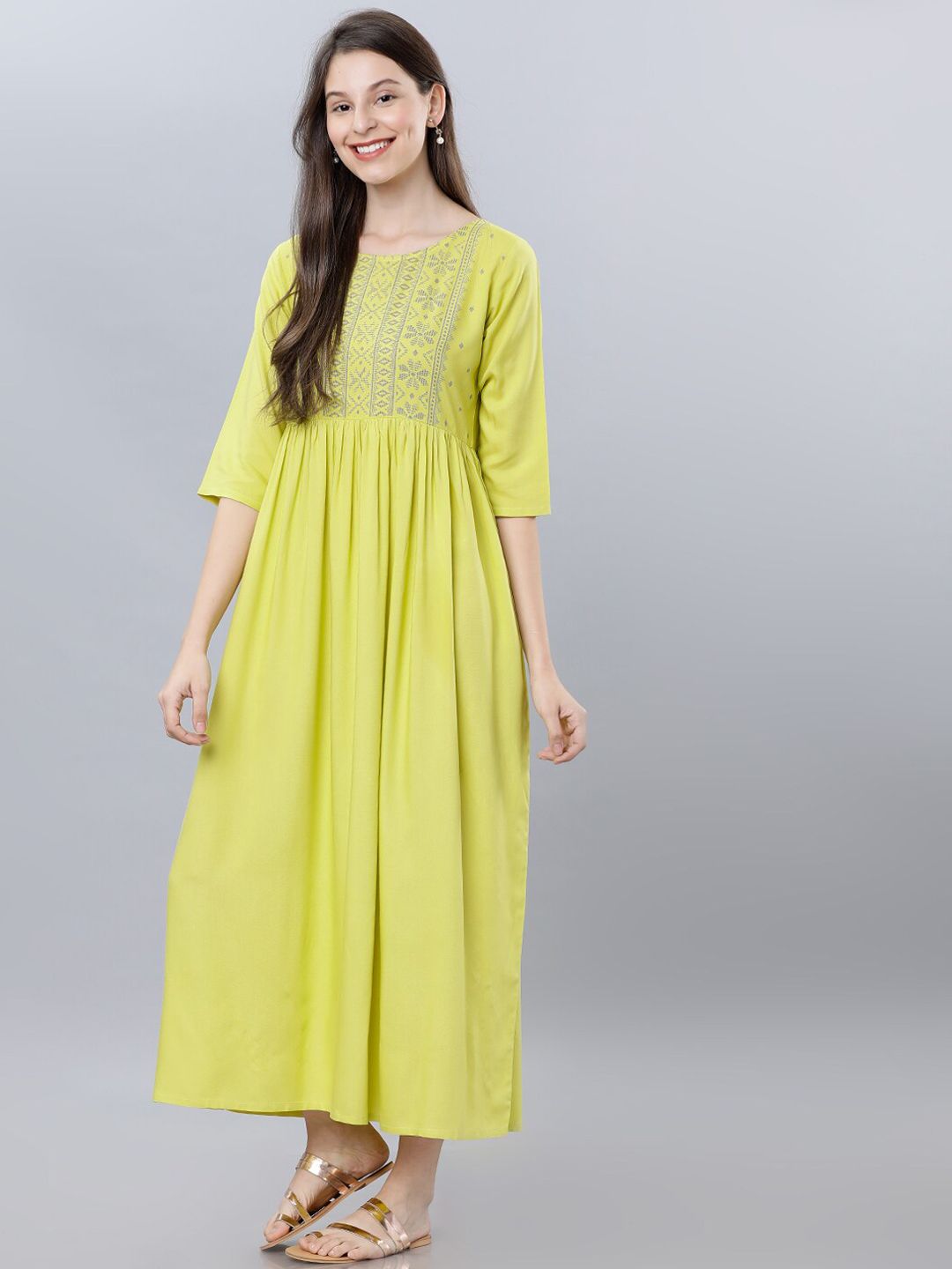 Dhimhi Women's Lime Green Embroidered Maxi Dress