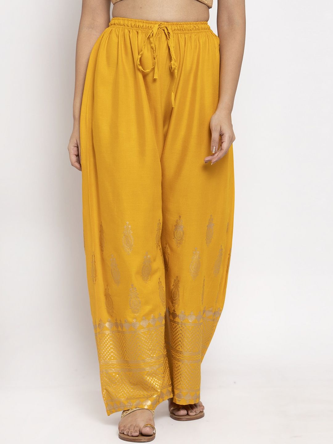 Dhimhi Women's Mustard Yellow Printed Straight Palazzos