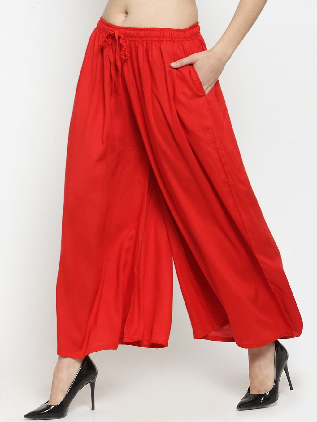 Dhimhi Women's Red Solid Flared Palazzos