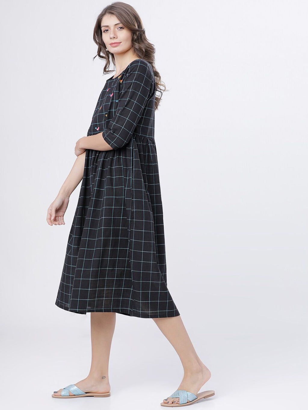 Dhimhi Women's Black Checked Fit and Flare Dress