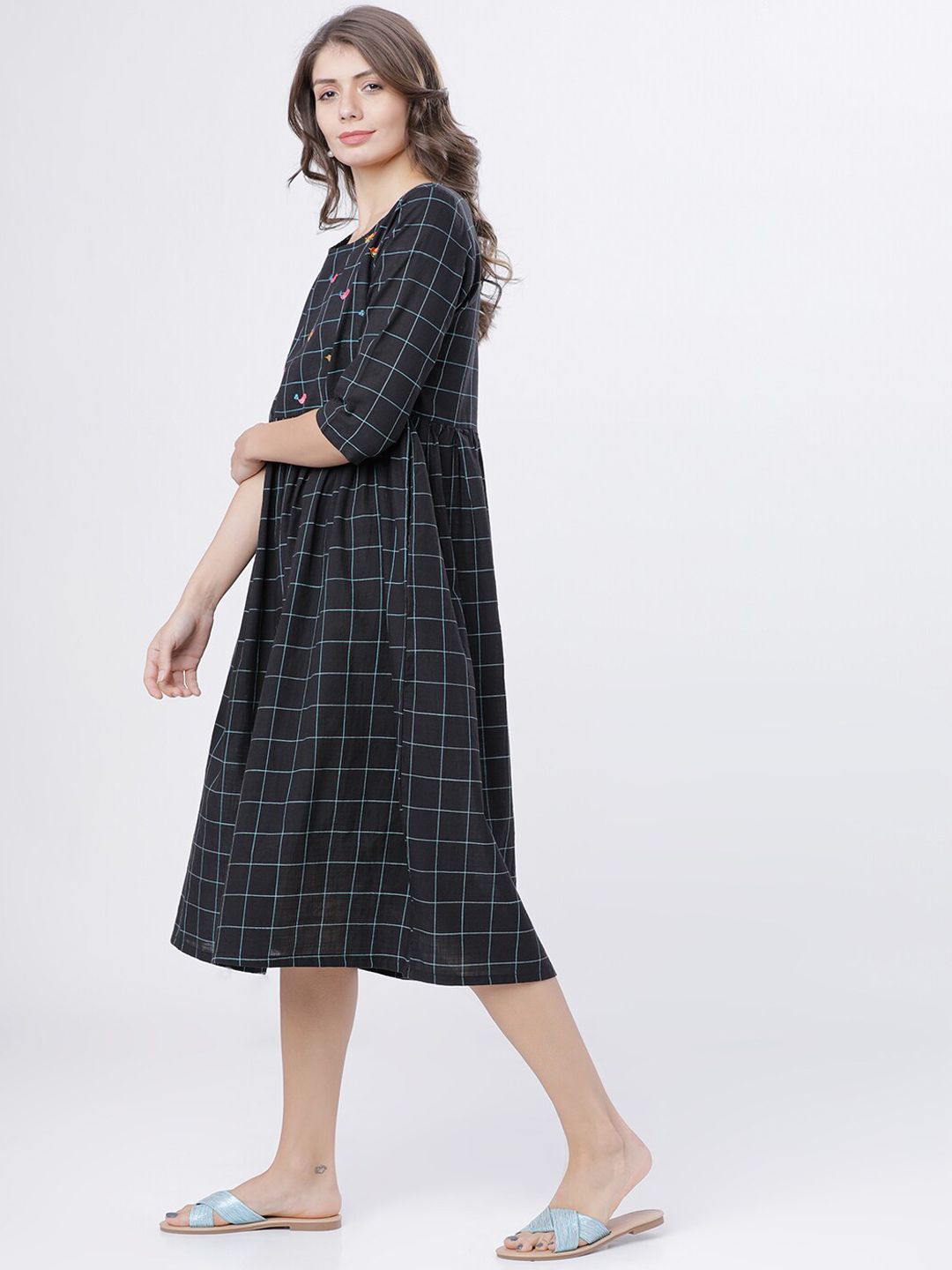 Dhimhi Women's Black Checked Fit and Flare Dress