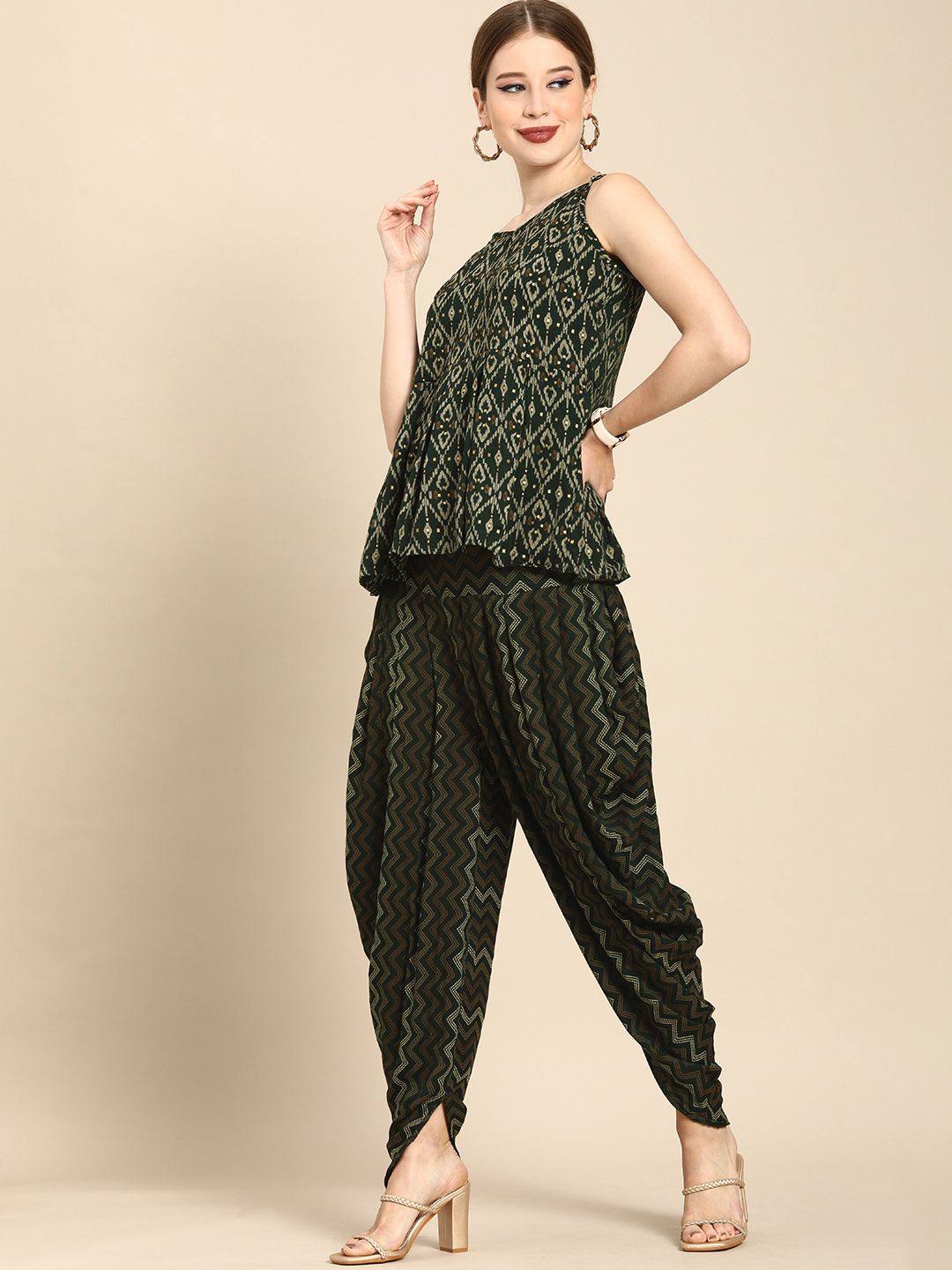 Dhimhi Women's Olive Green Ethnic Motifs Printed Empire Kurti with Dhoti Pants