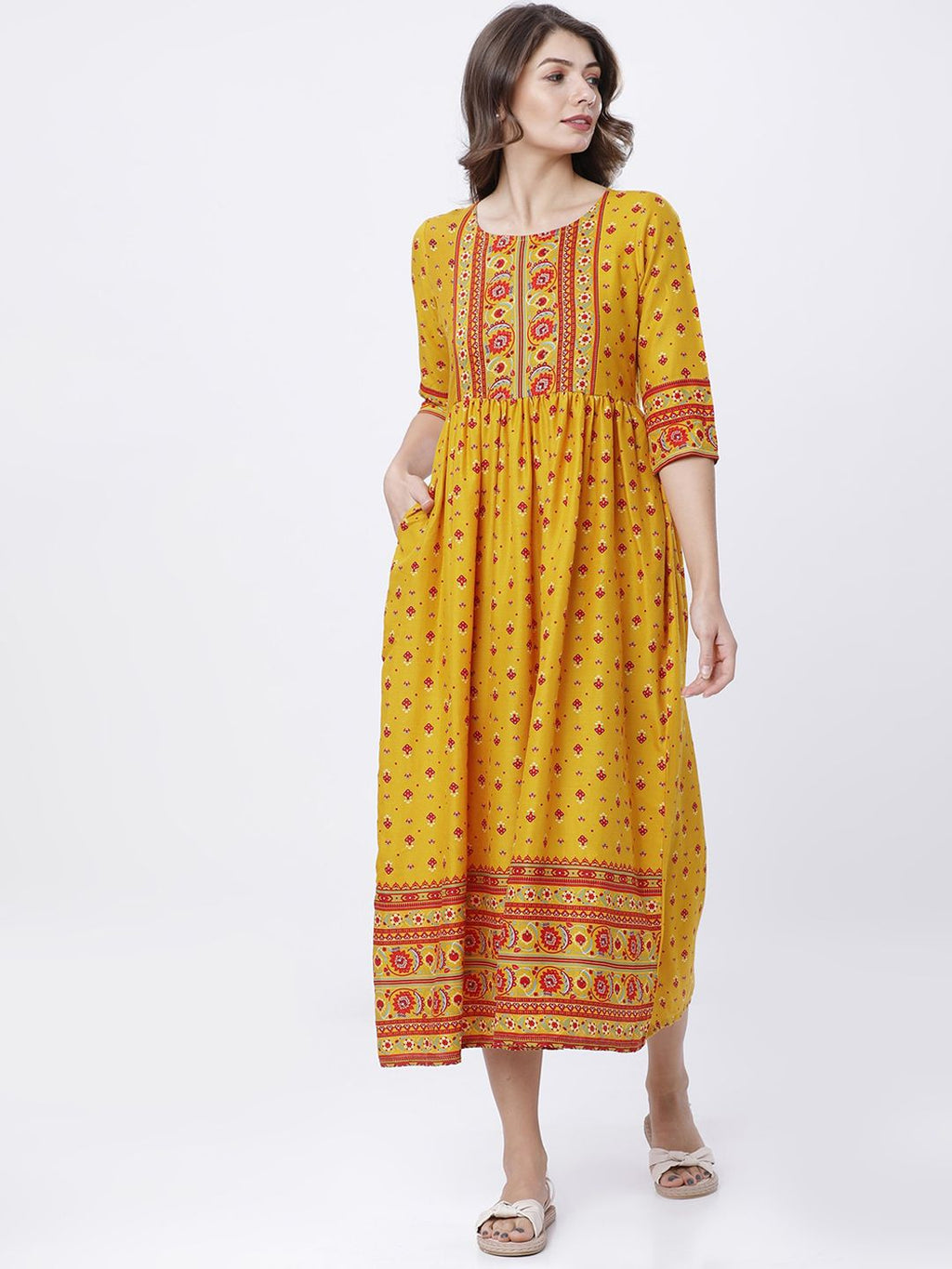 Dhimhi Women's Mustard Yellow Printed A-Line Dress