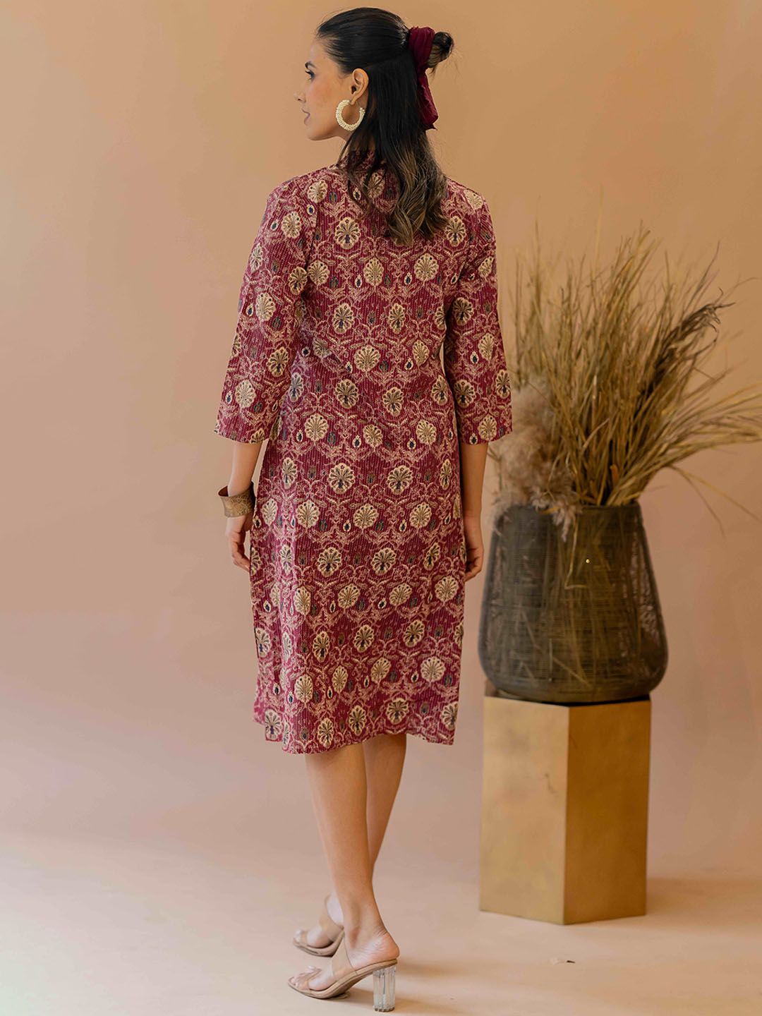 Ajrakh Printed Kantha Work Mandarin Collar Cotton A-line Kurta