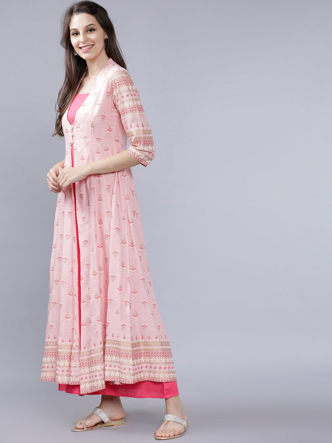 Dhimhi Women's Pink Floral Print Maxi Dress with Shrug