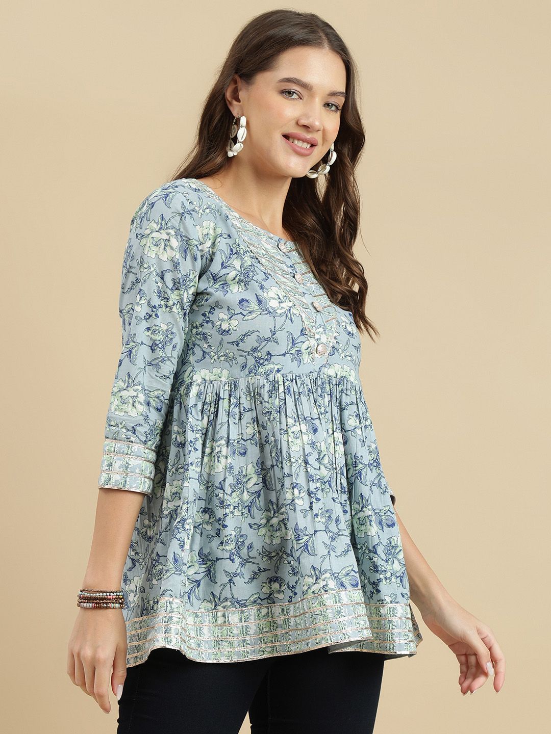 Dhimhi Women's Floral Printed Round Neck Cotton Top