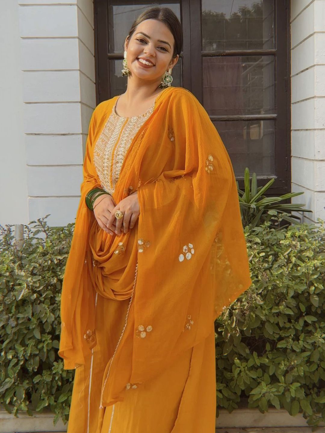 Dhimhi Women's Ethnic Motifs Embroidered Regular Gotta Patti Kurta with Palazzos & Dupatta