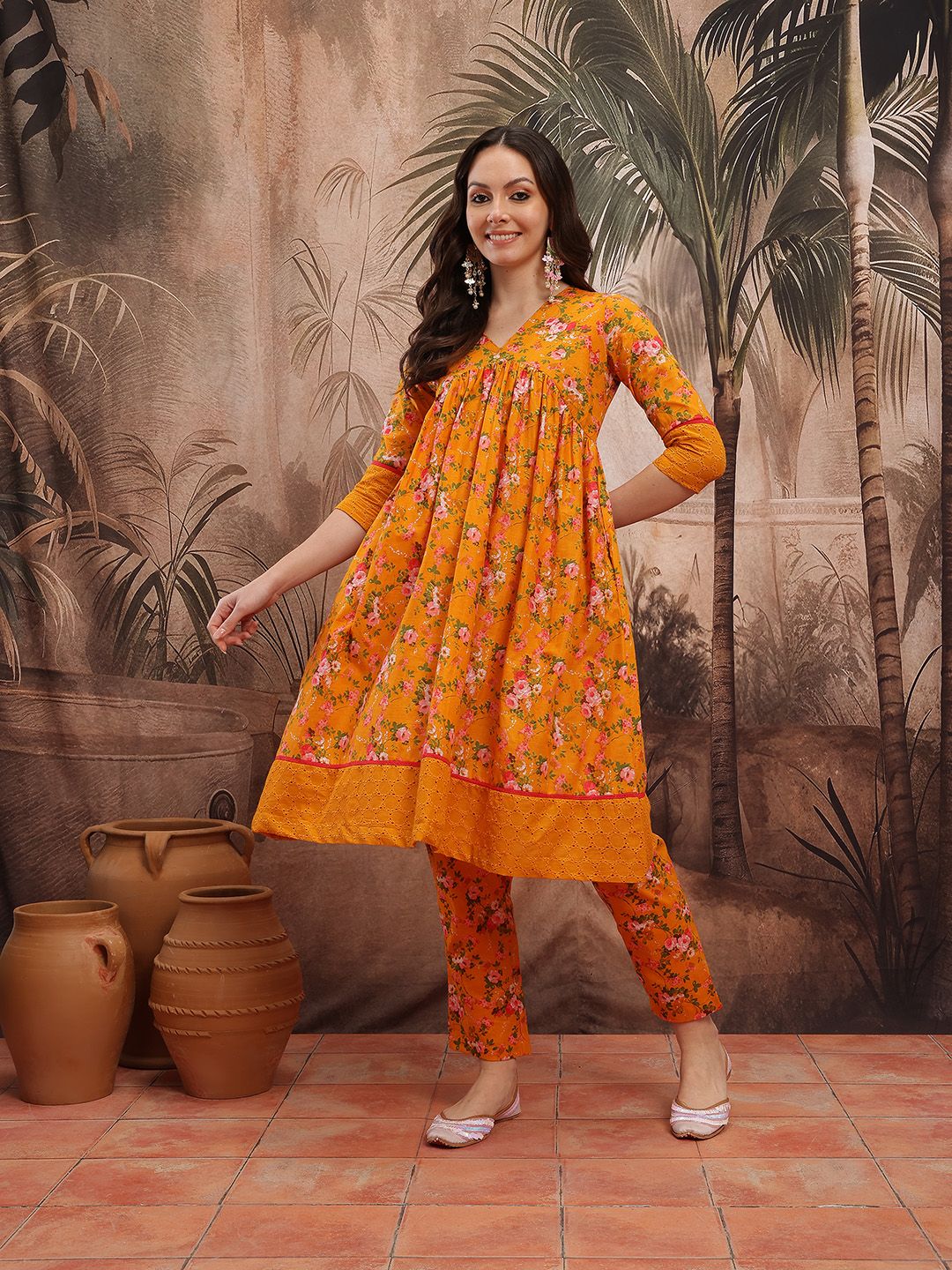 Dhimhi Women's Floral Printed Empire Schiffli Cotton Kurta with Trousers