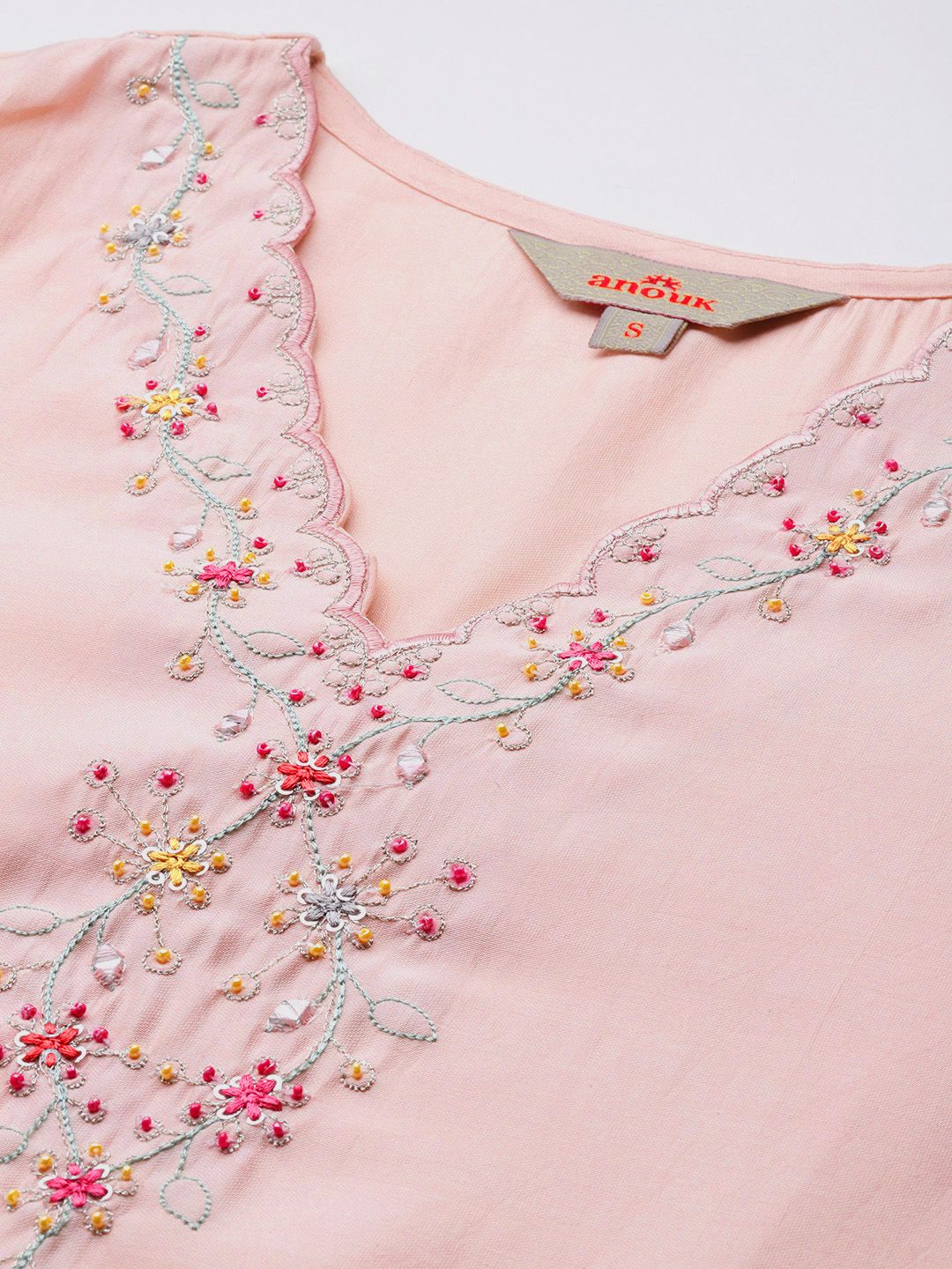 Floral Embroidered V-Neck Beads & Stones Studded Straight Kurta