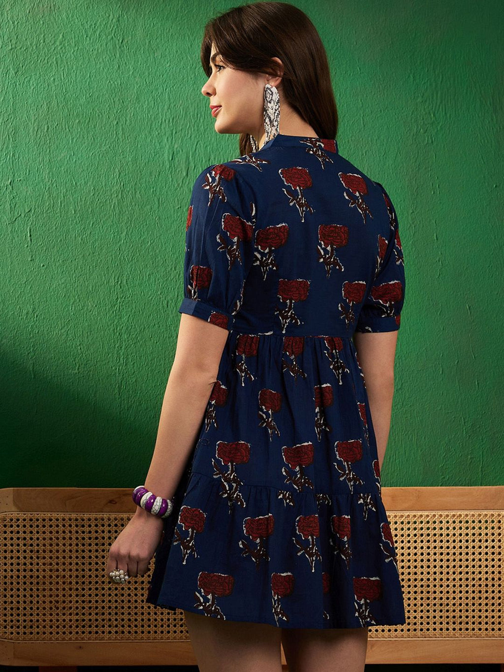 Dhimhi Women's Floral Printed Pure Cotton Fit & Flare Mini Ethnic Dress