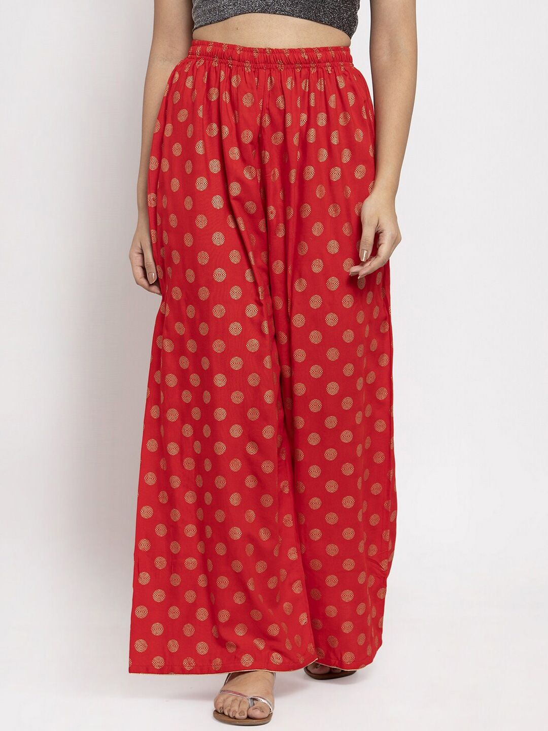 Dhimhi Women's Red & Gold-Toned Ethnic Motifs Knitted Ethnic Palazzos