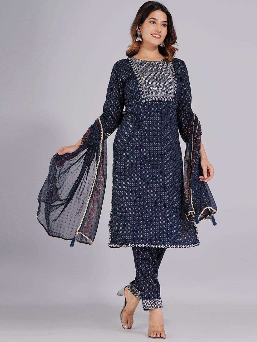Dhimhi Women's Ethnic Motifs Printed Mirror Work Kurta With Trousers & Dupatta