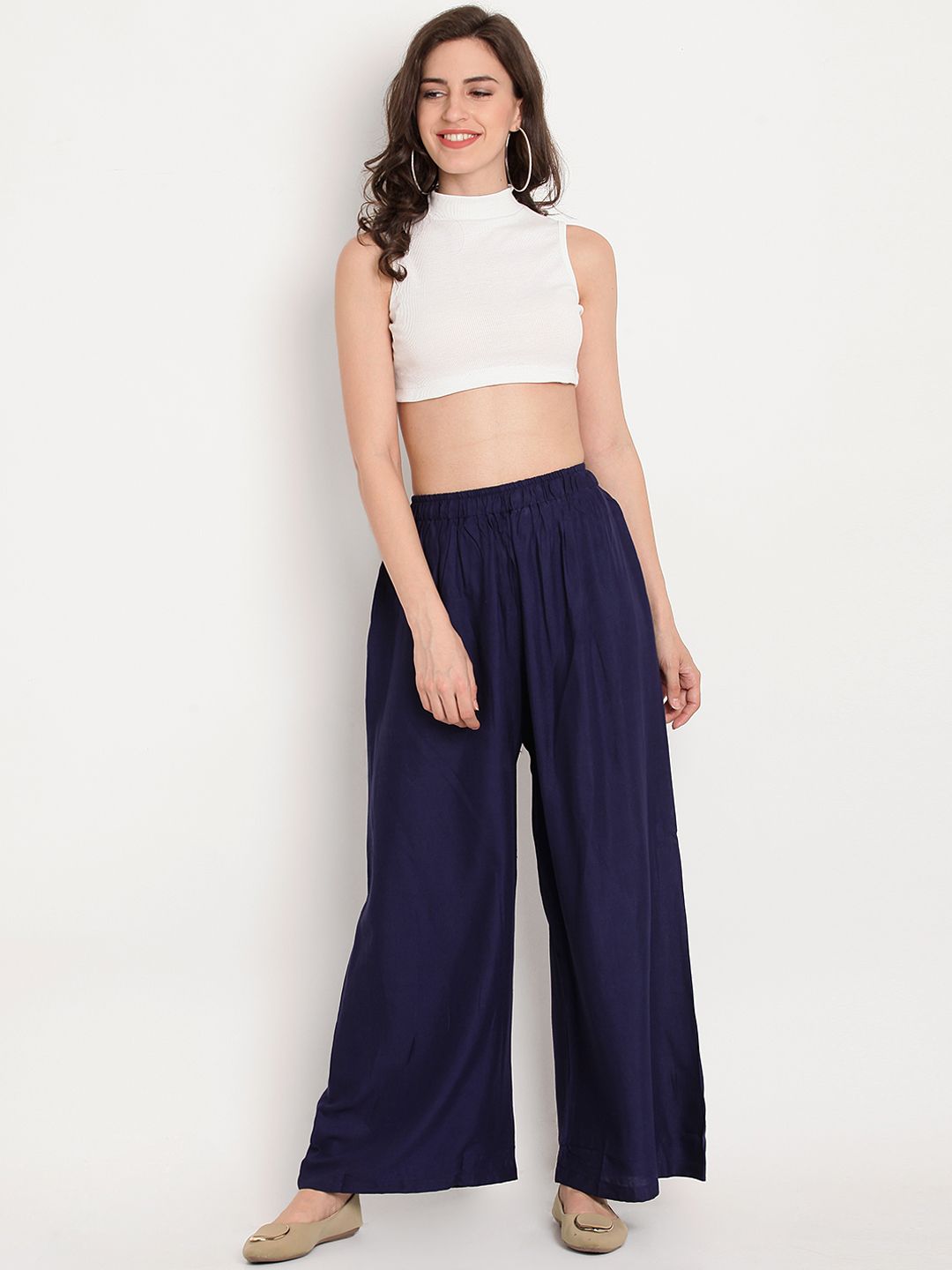 Dhimhi Women's Navy Blue Solid Flared Palazzos