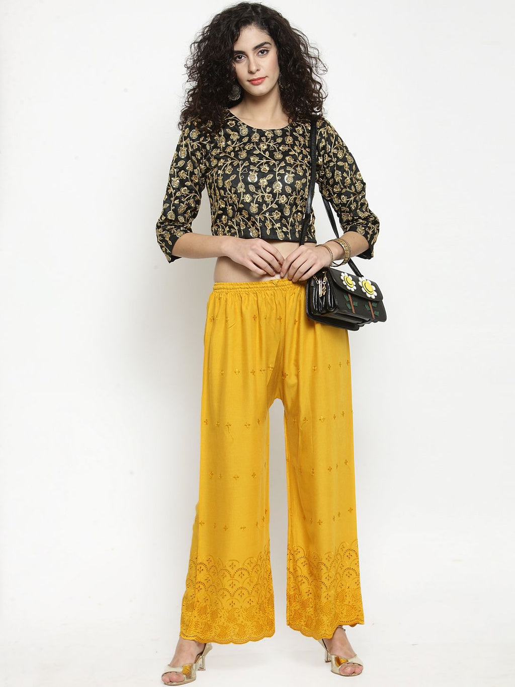 Dhimhi Women's Mustard Yellow Embroidered Straight Palazzos