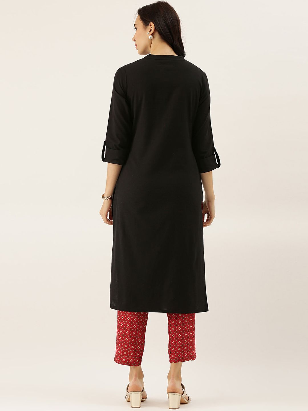 Mandarin Collar Roll-Up Sleeves Cotton Straight Kurta