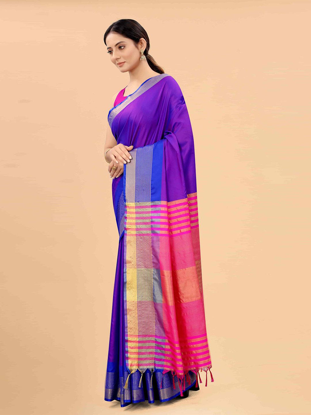 Dhimhi Women's Blue & Magenta Zari Art Silk Fusion Arani Saree