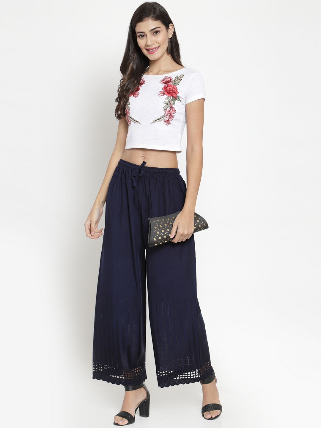Dhimhi Women's Navy Blue Solid Straight Palazzos