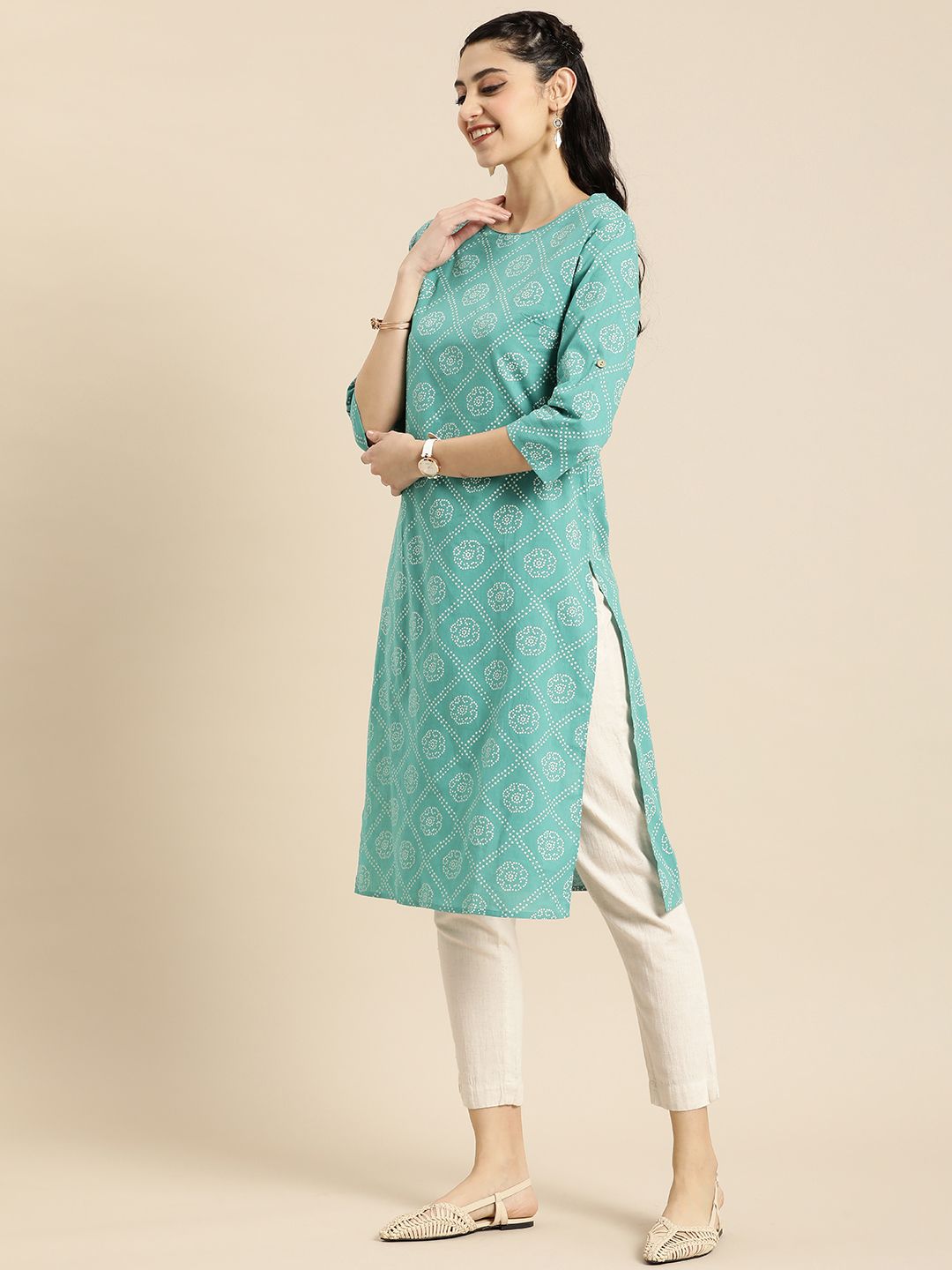 Women Green Bandhani Printed Summer Sheers Kurta