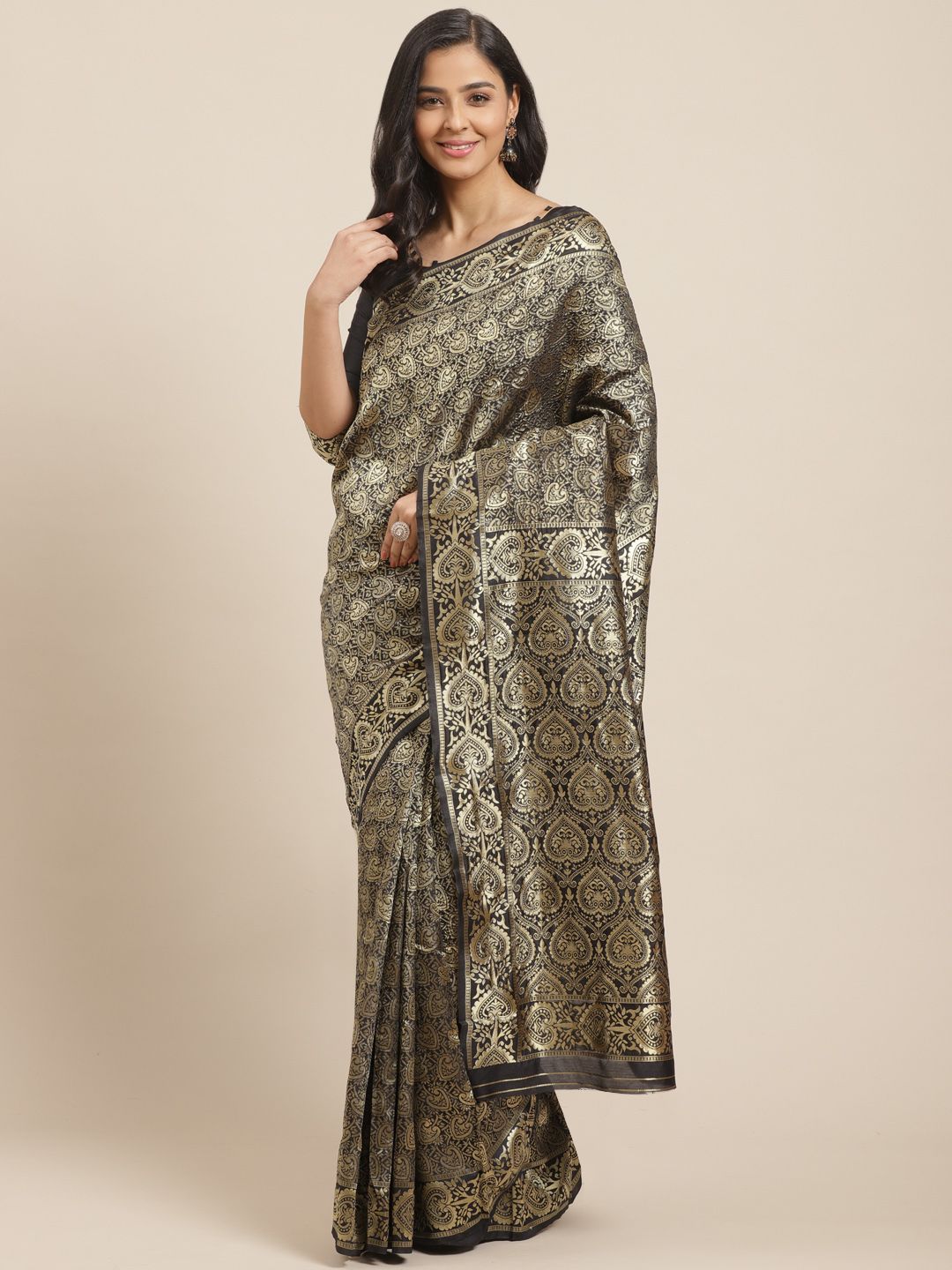 Dhimhi Women's Black & Golden Woven Design Kanjeevaram Saree