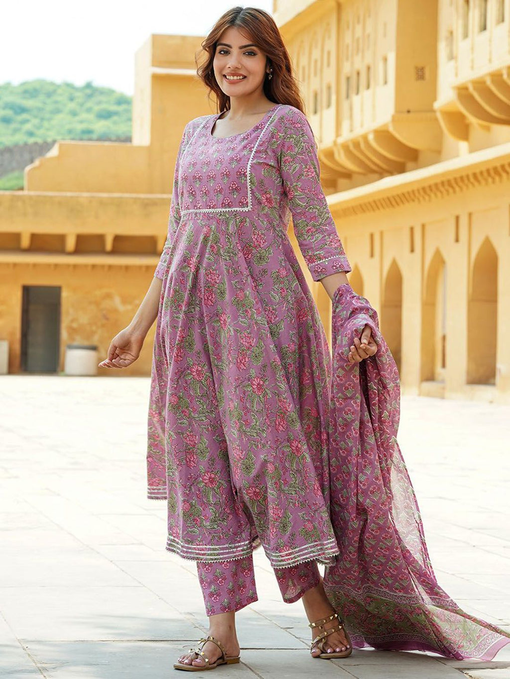 Dhimhi Women's Floral Printed Gotta Patti Pure Cotton Anarkali Kurta With Trousers & Dupatta - dhimhi