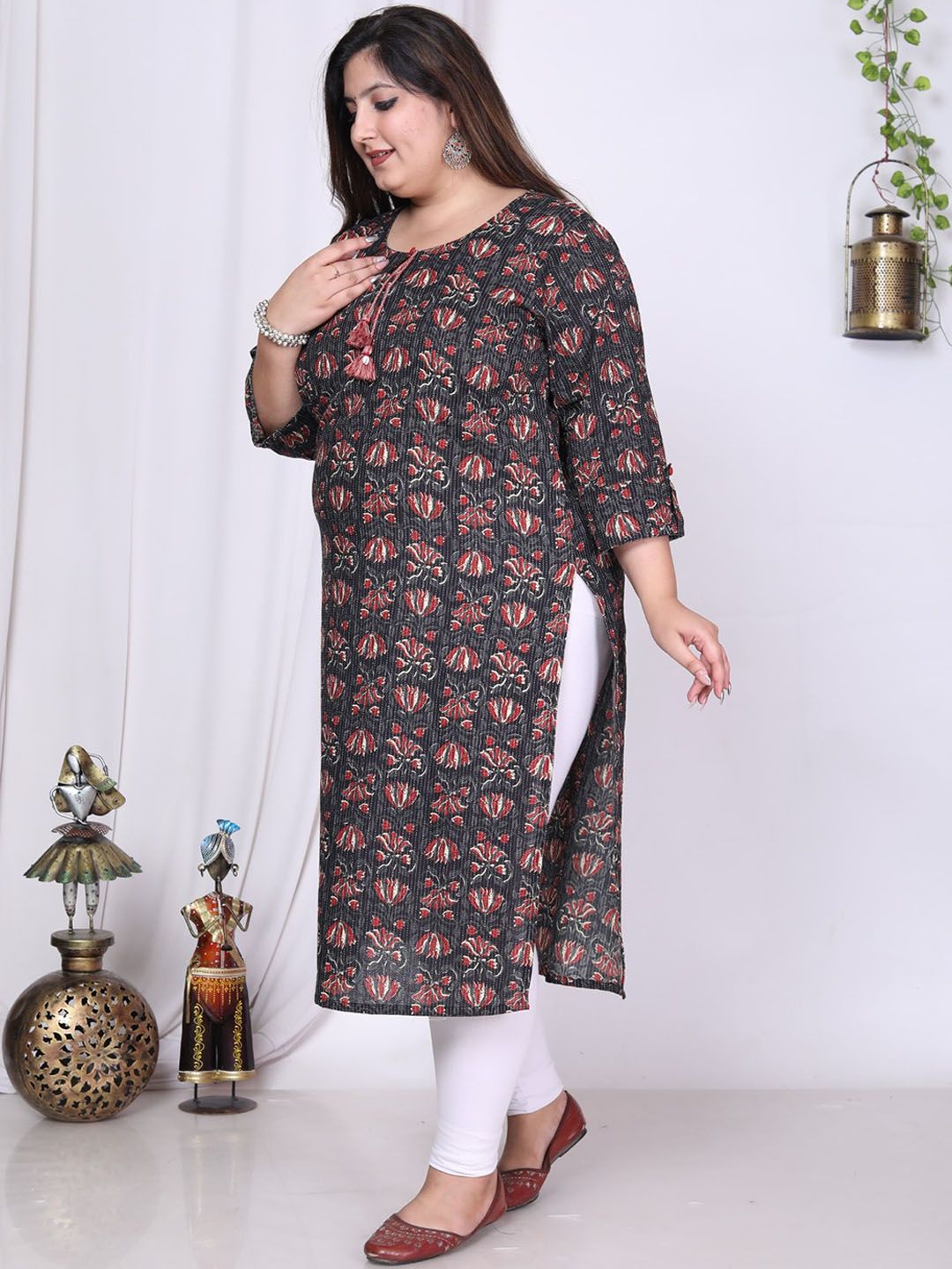 Plus Size Floral Printed Tie Up Neck Pure Cotton Kurta