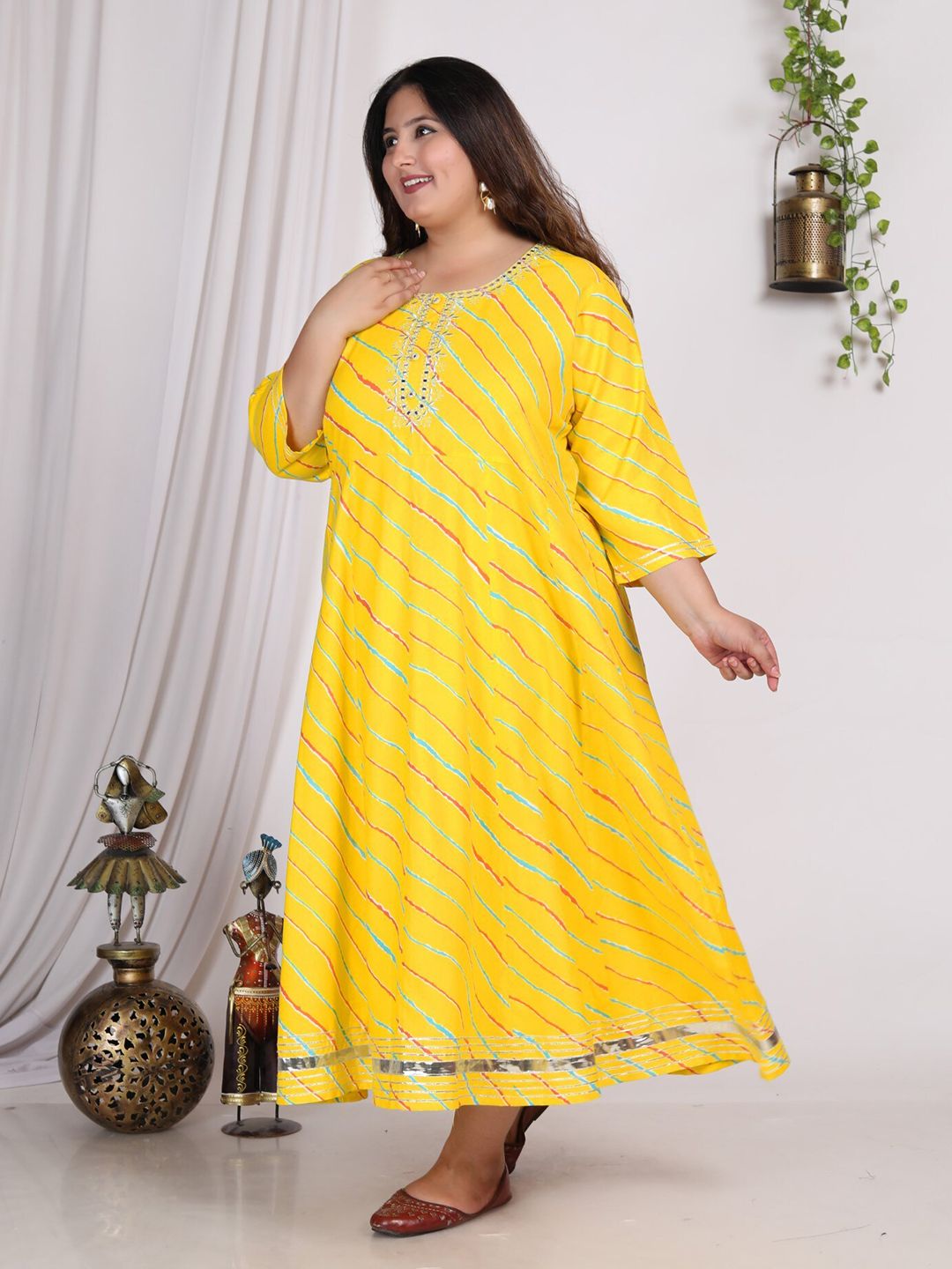 Dhimhi Women's Plus Size Striped Round Neck Maxi Ethnic Dress