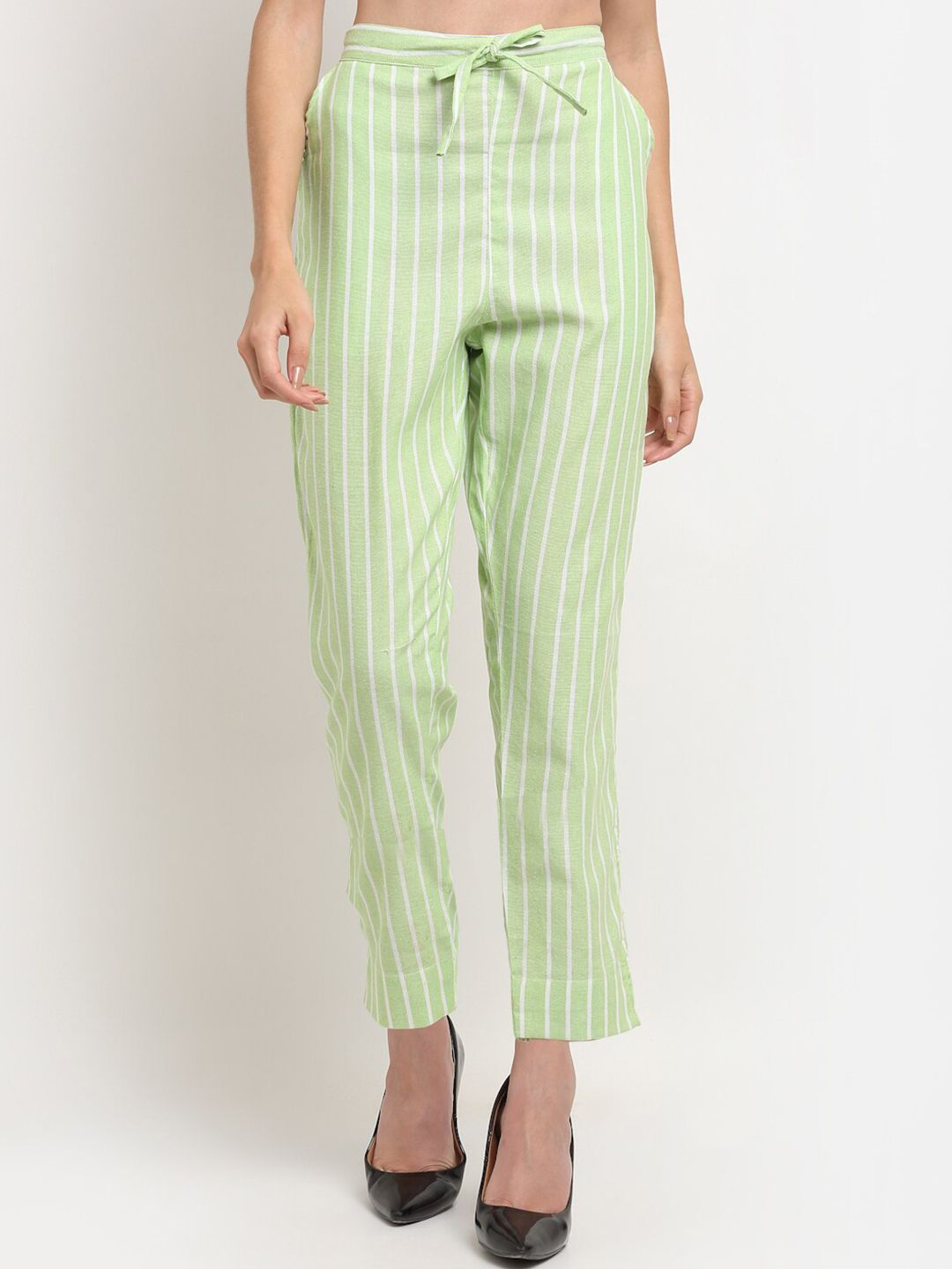 Dhimhi Women's Green & White Striped Cotton Palazzos