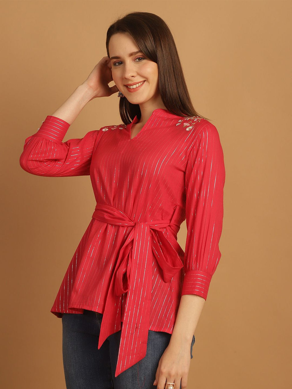 Dhimhi Women's Print Mandarin Collar Ethnic Cotton Cinched Waist Top