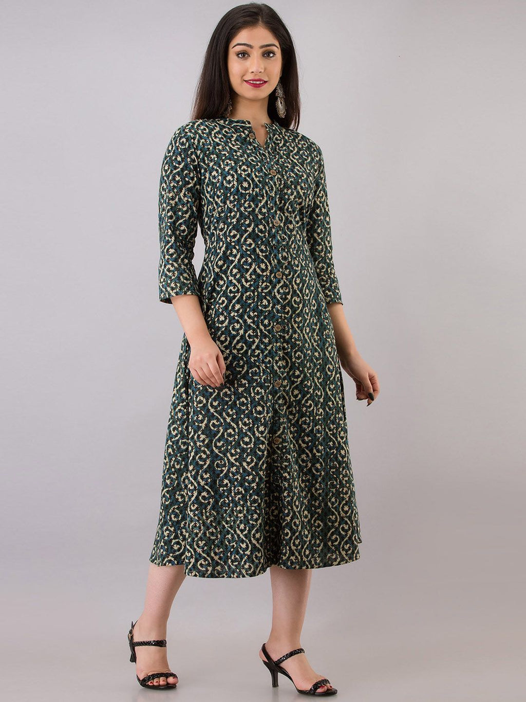 Women Grey & Beige Ethnic Motifs Printed Thread Work Fusion Kurta