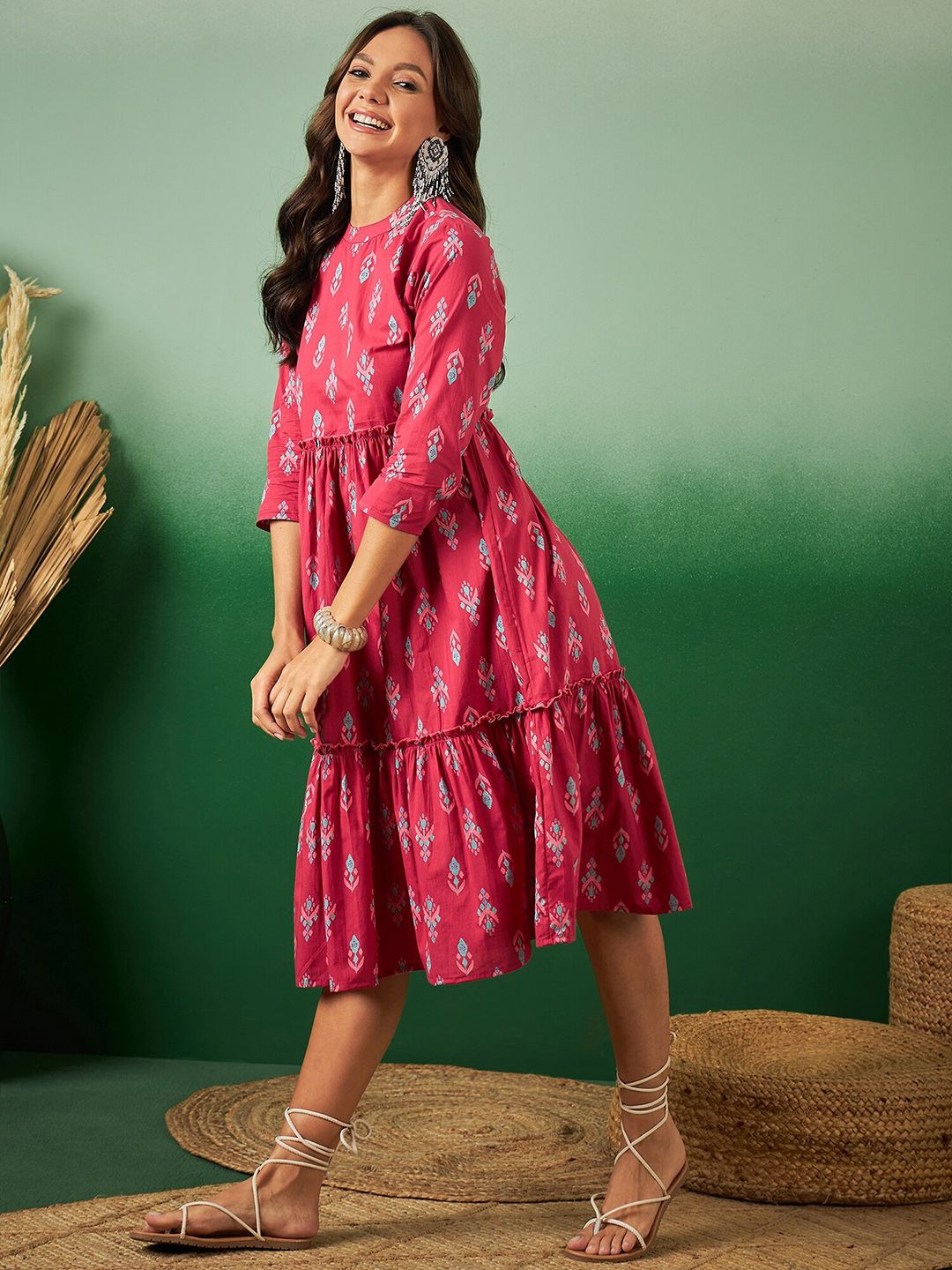 Dhimhi Women's Ethnic Motifs Printed Frilled Tiered Cotton Ethnic Dress