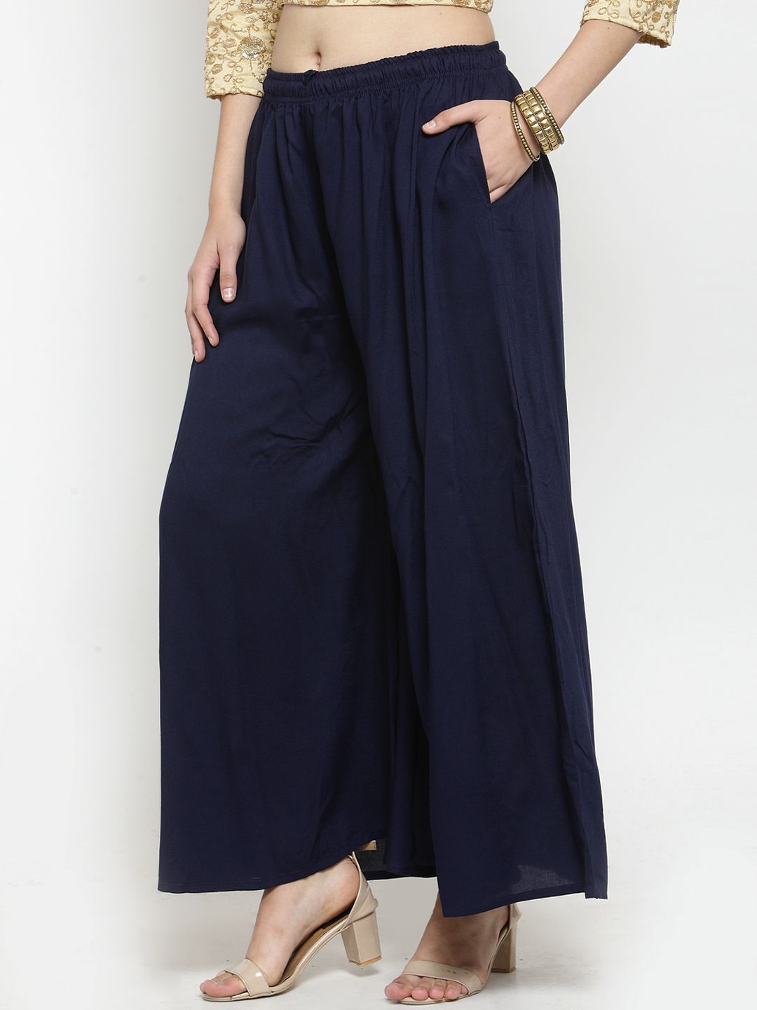 Dhimhi Women's Navy Blue Solid Flared Palazzos